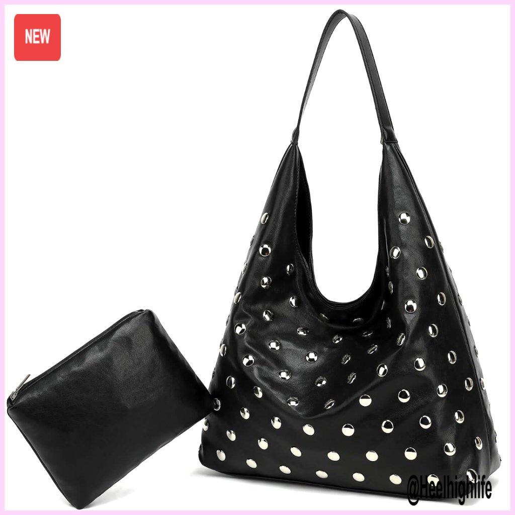 Studded Vegan Leather Hobo Tote Slouchy Shoulder Bag Elegant Chic